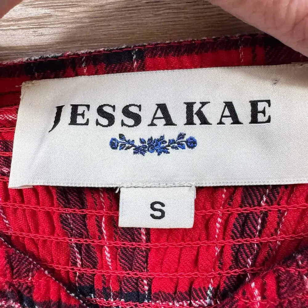 JessaKae Clara Plaid Smocked Puff Sleeve Tiered Dress Red Black S Boho - Picture 7 of 7